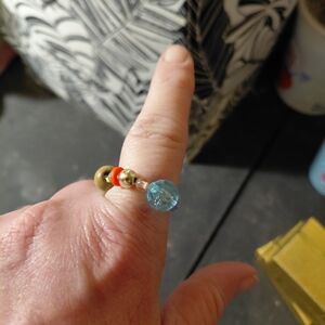 Beaded Stretch Ring with Light Blue Crystal and Coral Accent - Women Jewelry